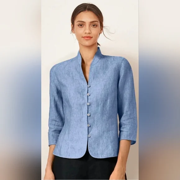 Lintico Top Women's Large L Blue Chambray Linen Fitted Office Career Coastal - Picture 1 of 13